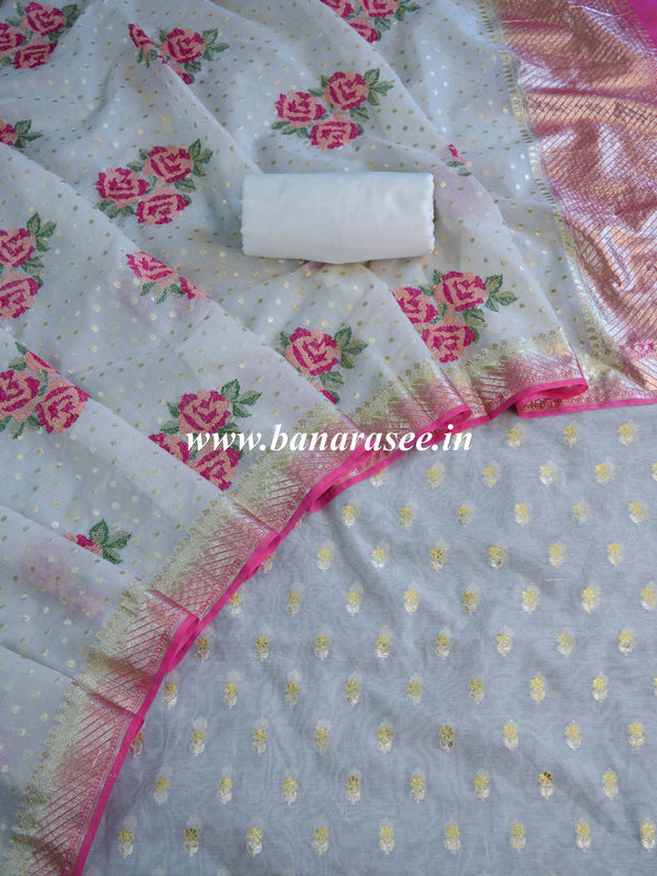 Banarasee Handloom Chanderi Cotton Zari Work Salwar Kameez With Embroidered Dupatta Set-White