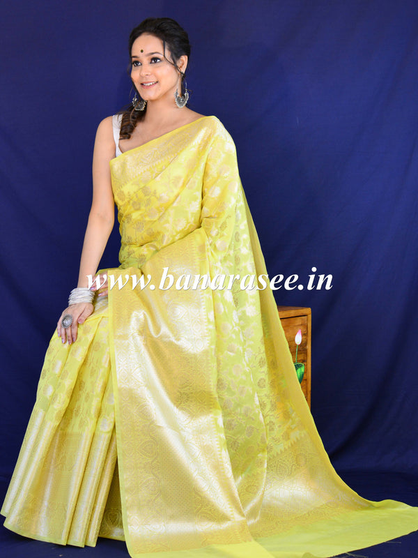 Banarasee Handwoven Semi-Chiffon Saree With Silver Jaal Design-Yellow