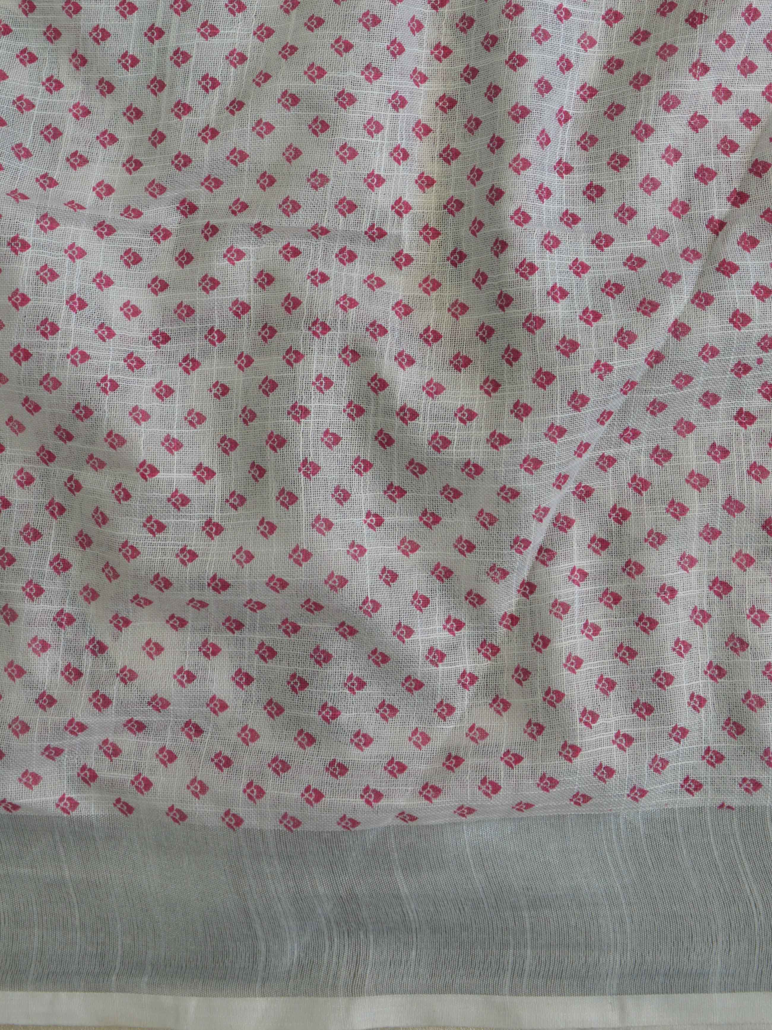 Bhagalpuri Handloom Pure Linen Cotton Block Printed Saree-White