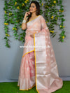 Banarasee Organza Mix Saree With Silver Zari Buta Design-Peach