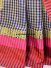 Banarasee Handloom Soft Cotton Checks Design Saree With Satin Border-White & Blue