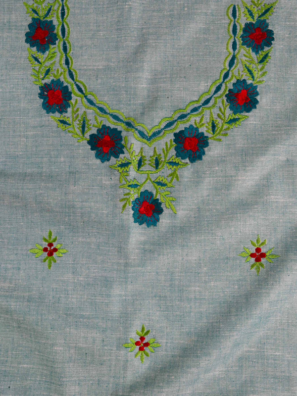 Handwoven Linen Kameez & Dupatta With Hand-Embroidered Work-Blue & Green