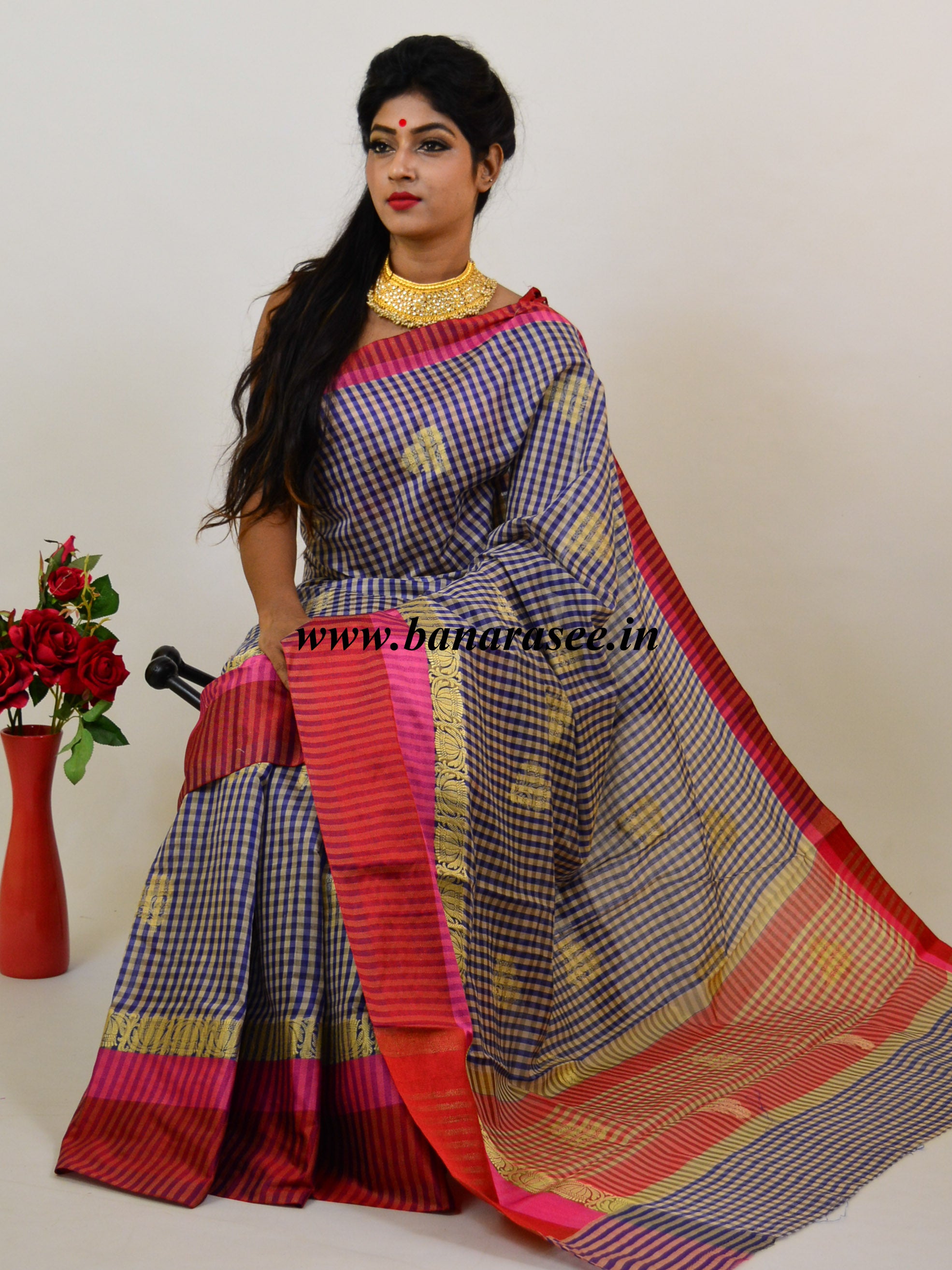 Banarasee Handloom Soft Cotton Checks Design Saree With Satin Border-White & Blue