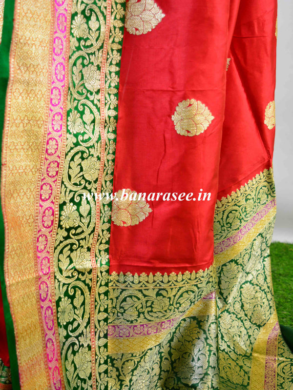 Banarasee Handloom Pure Katan Silk Sari With Skirt Border-Red