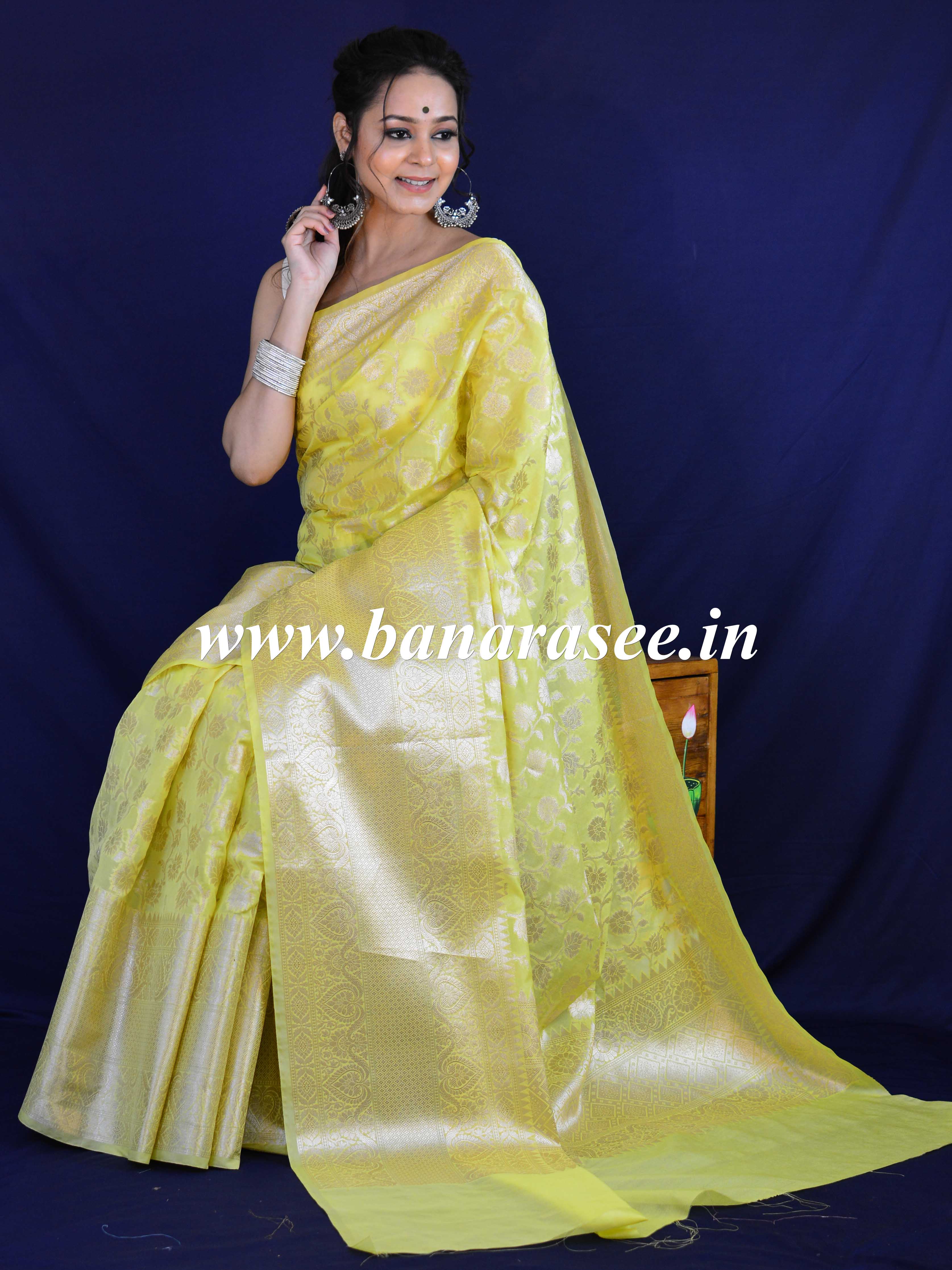 Banarasee Handwoven Semi-Chiffon Saree With Silver Jaal Design-Yellow
