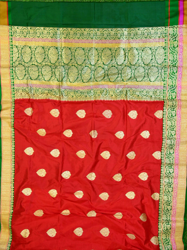 Banarasee Handloom Pure Katan Silk Sari With Skirt Border-Red