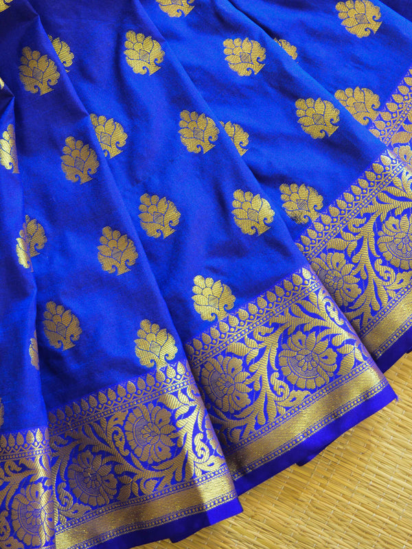 Banarasee Handwoven Semi Silk Saree With Zari Buta Design & Floral Border-Blue
