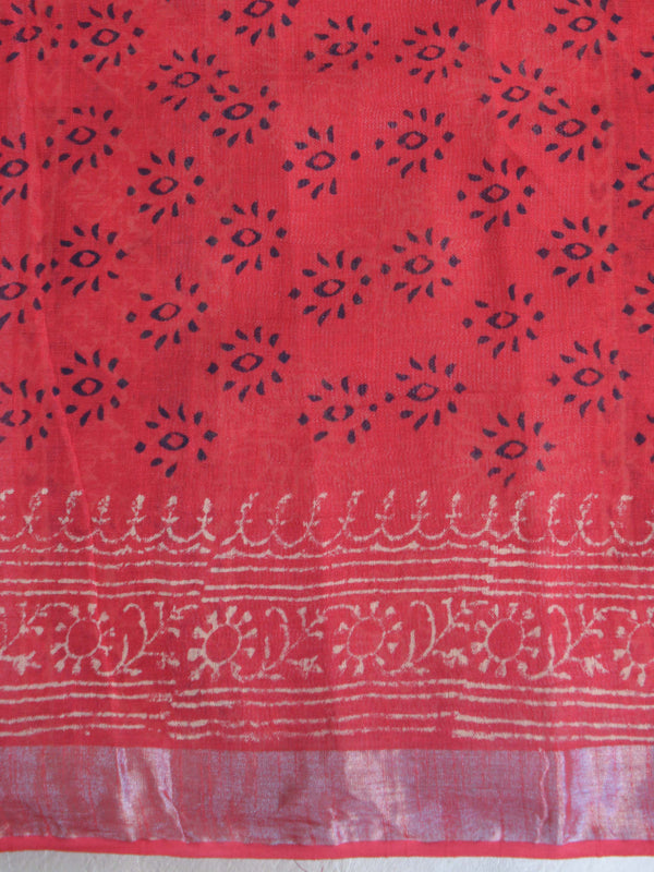 Bagru Hand-Block Printed Linen Cotton Saree-Red