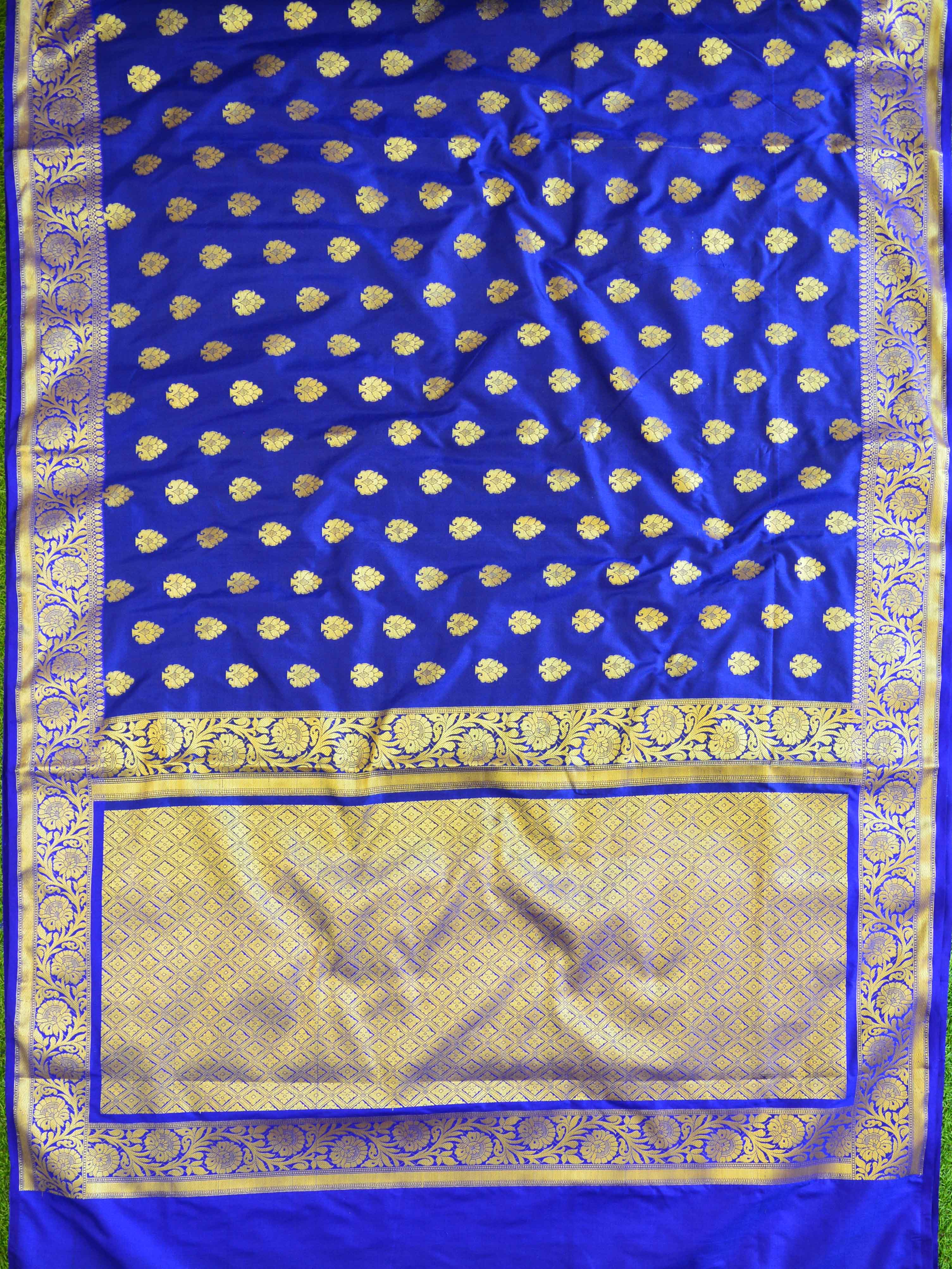 Banarasee Handwoven Semi Silk Saree With Zari Buta Design & Floral Border-Blue