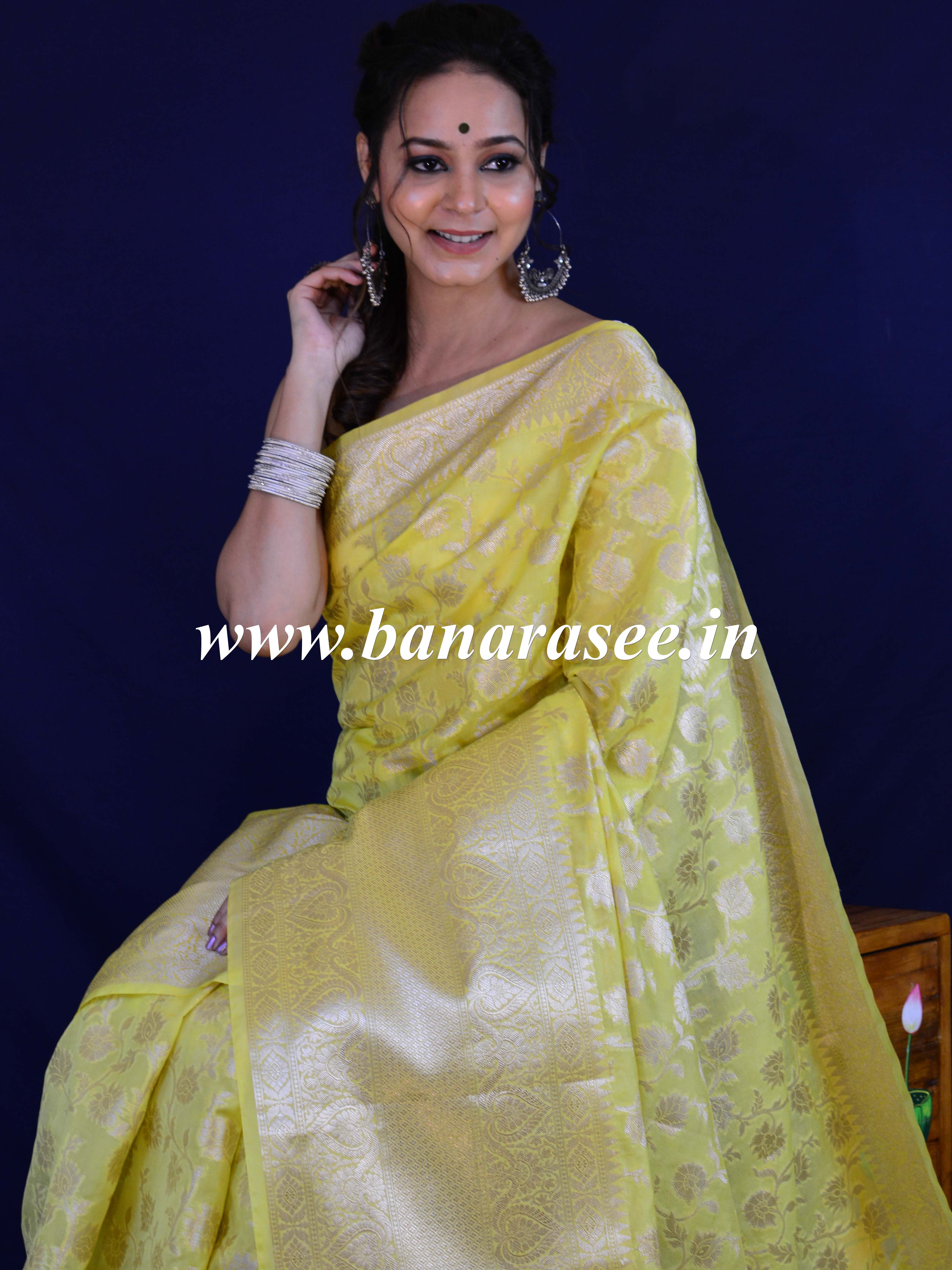Banarasee Handwoven Semi-Chiffon Saree With Silver Jaal Design-Yellow