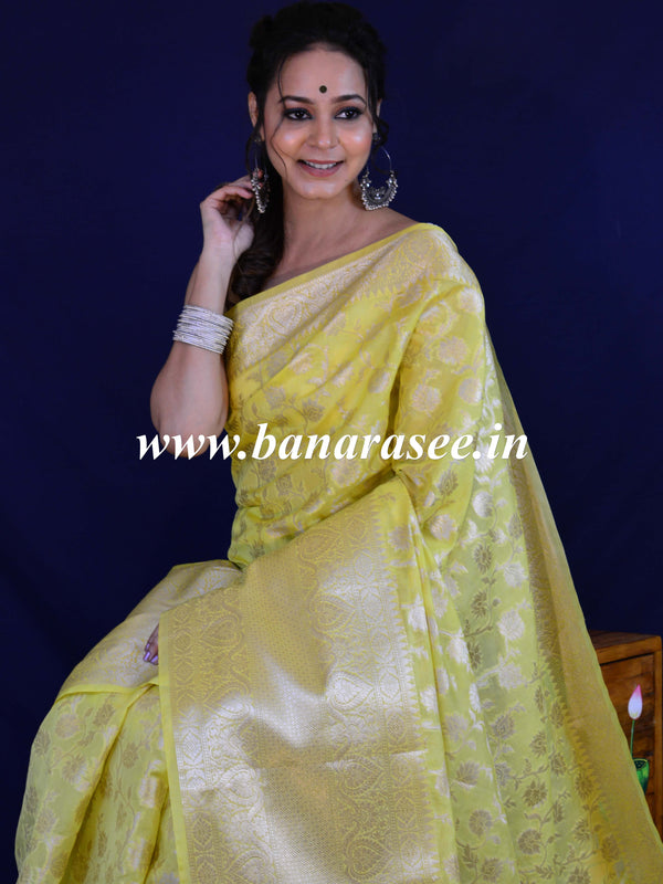 Banarasee Handwoven Semi-Chiffon Saree With Silver Jaal Design-Yellow