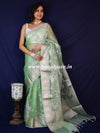 Banarasee Organza Mix Saree With Silver Zari Jaal Design & Border-Green