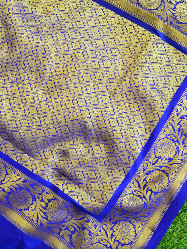 Banarasee Handwoven Semi Silk Saree With Zari Buta Design & Floral Border-Blue