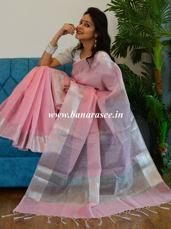 Banarasee Handloom Linen Mix Silver Zari Border Saree-Pink