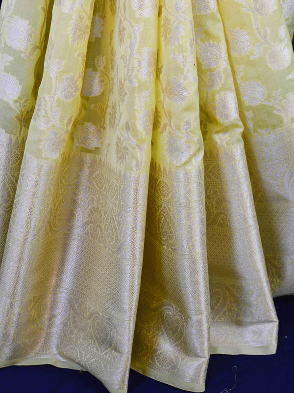 Banarasee Handwoven Semi-Chiffon Saree With Silver Jaal Design-Yellow
