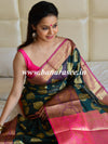 Banarasee Cotton Silk Mix Saree With Big Zari Buta & Floral Skirt Border-Green