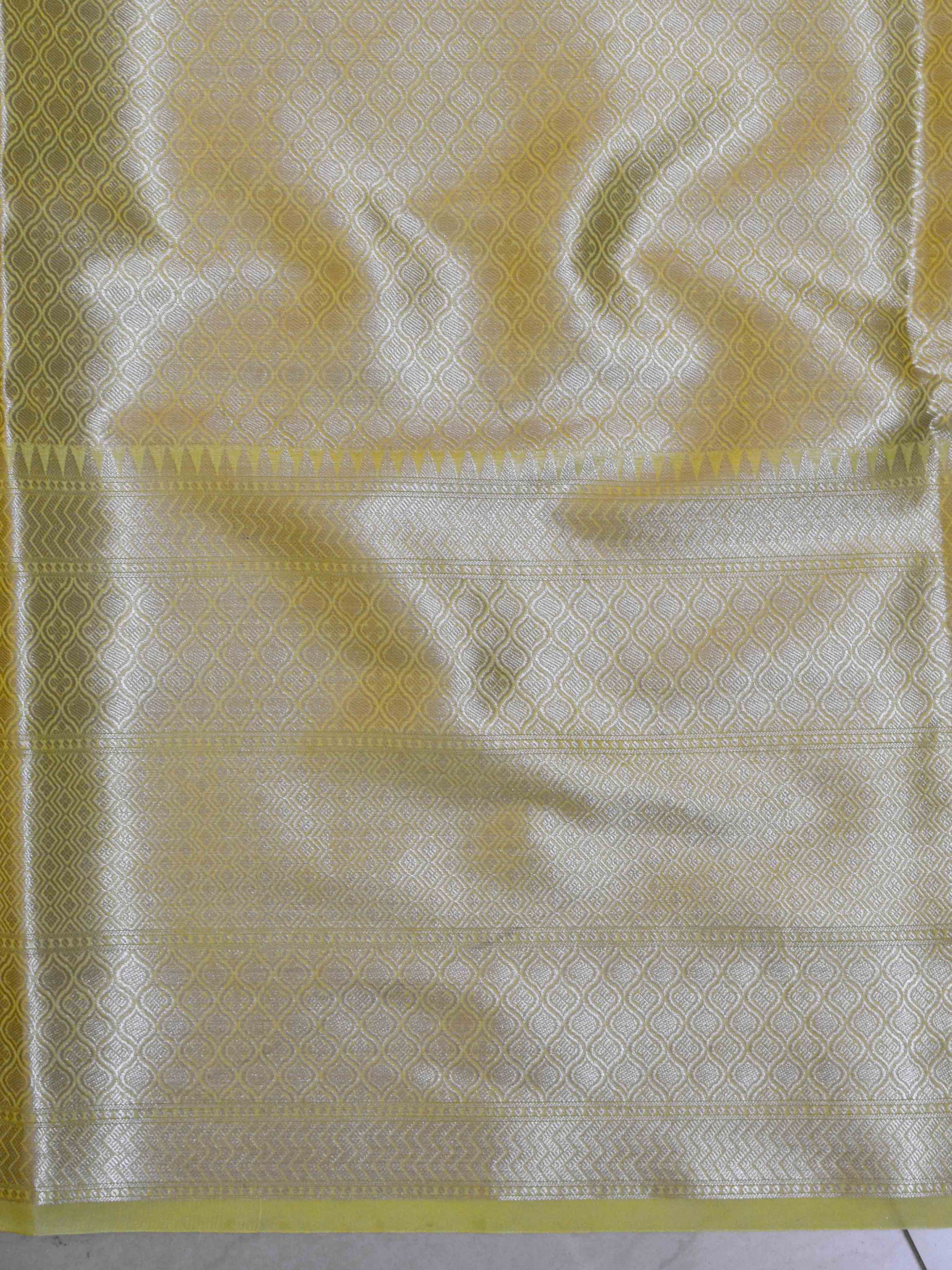 Banarasee Handwoven Semi-Chiffon Saree With Silver Jaal Design-Yellow
