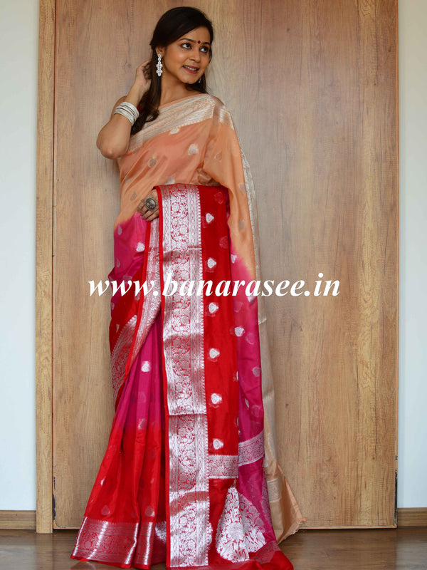 Banarasee Handwoven Semi-Chiffon Saree With Silver Zari & Tri-Color-Red