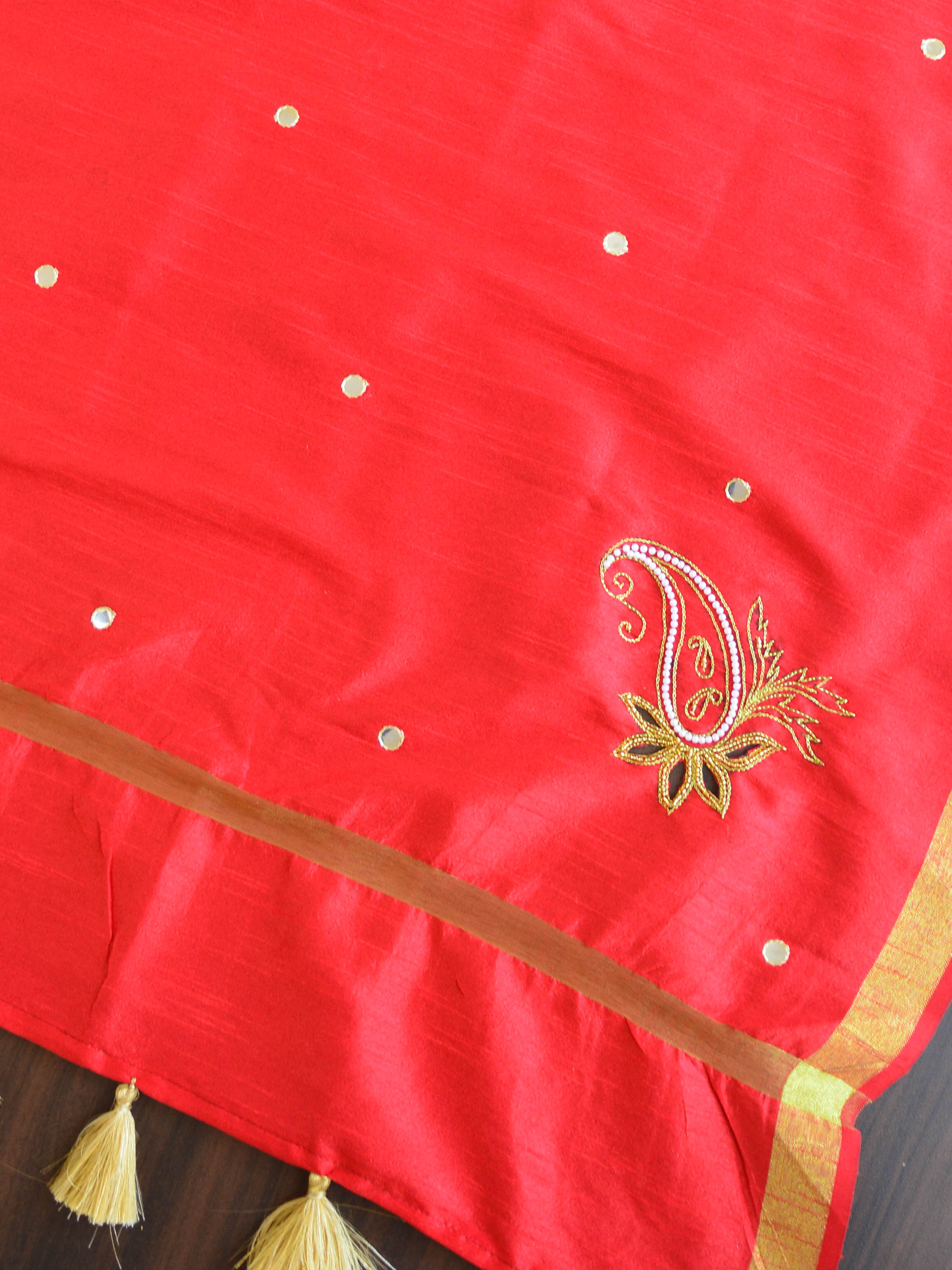 Banarasee Brocade Salwar Kameez Fabric With Hand-Embroidered Silk Dupatta-Gold & Red