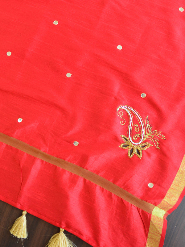 Banarasee Brocade Salwar Kameez Fabric With Hand-Embroidered Silk Dupatta-Gold & Red