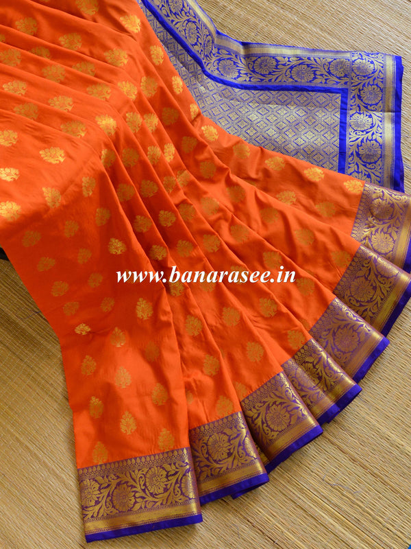 Banarasee Handwoven Semi Silk Saree With Zari Buta Design & Floral Border-Orange