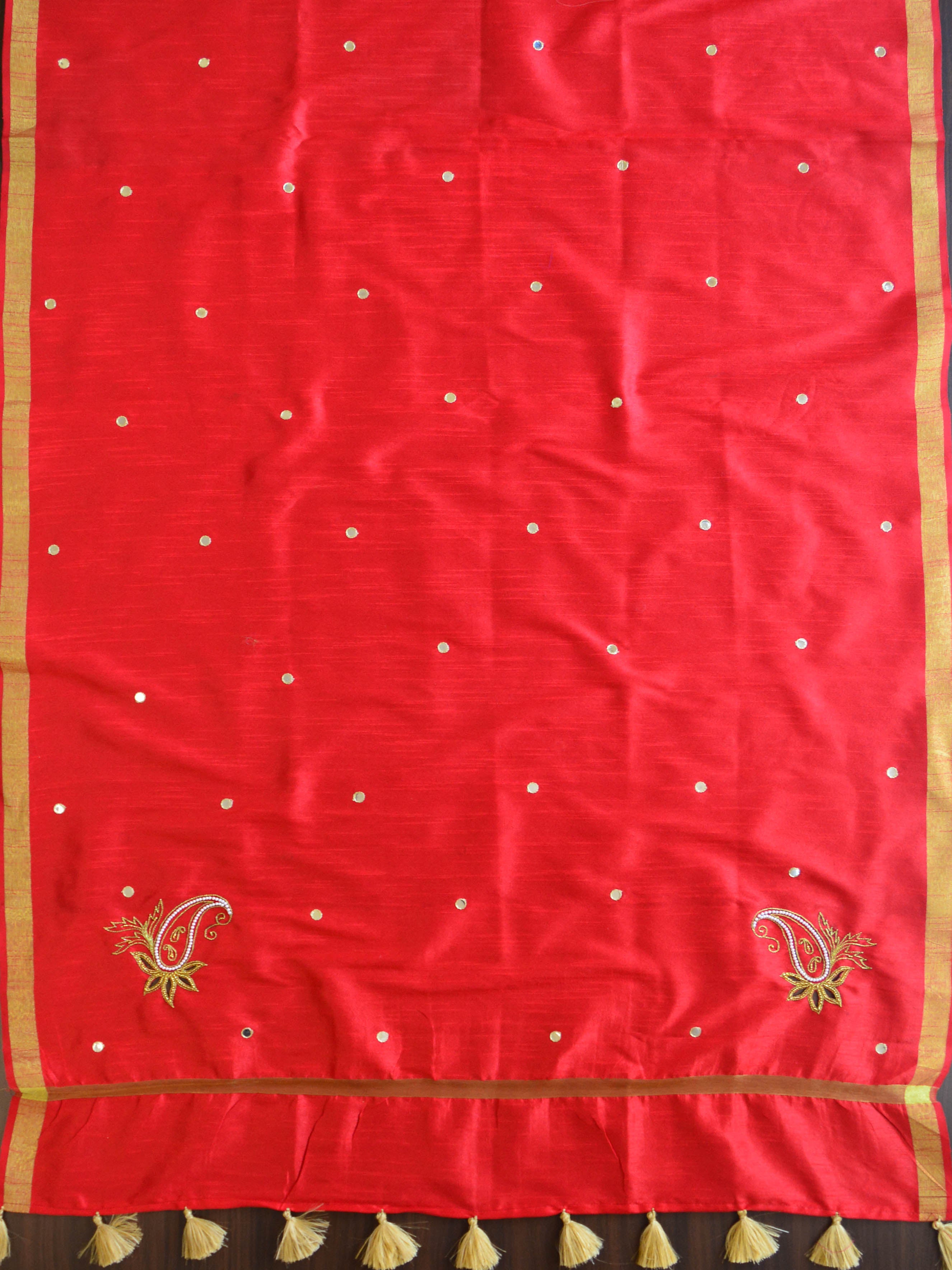 Banarasee Brocade Salwar Kameez Fabric With Hand-Embroidered Silk Dupatta-Gold & Red