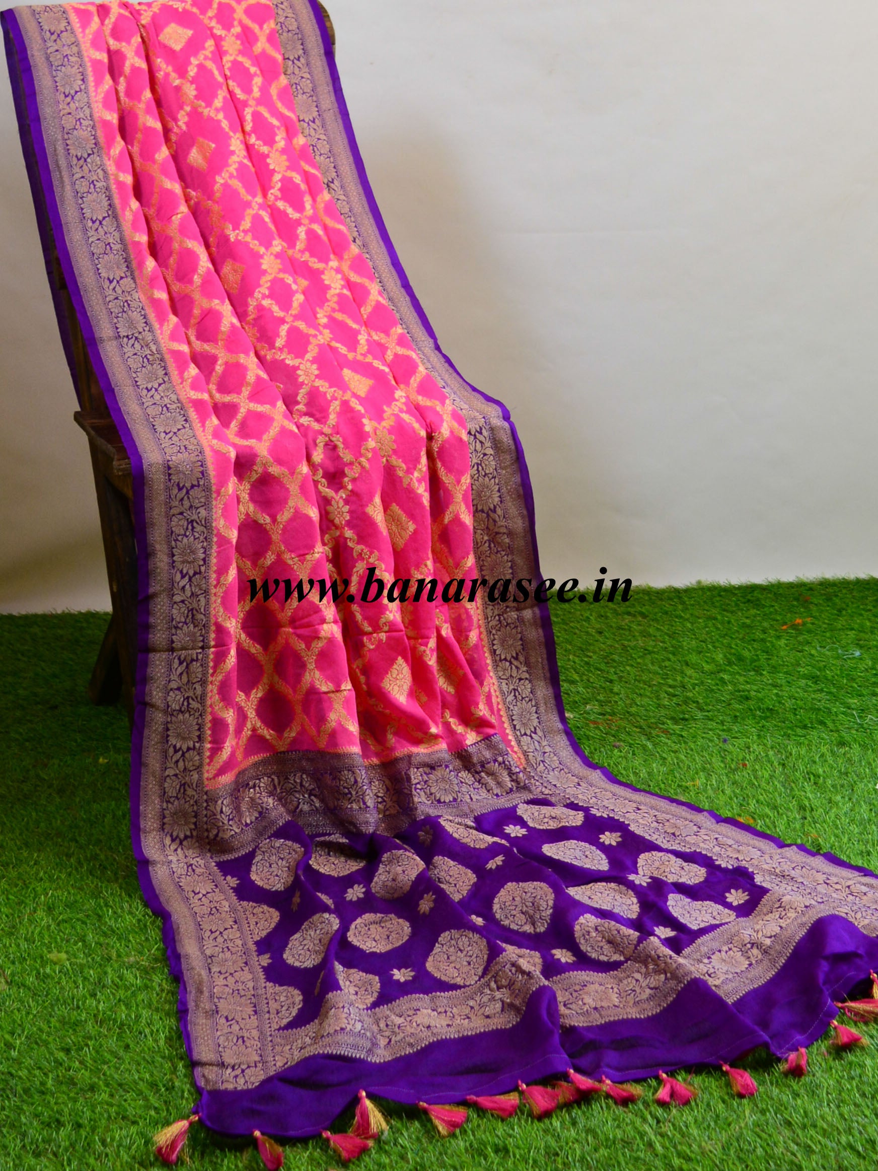 Banarasee Khaddi Chiffon Zari Jaal Saree-Pink & Violet