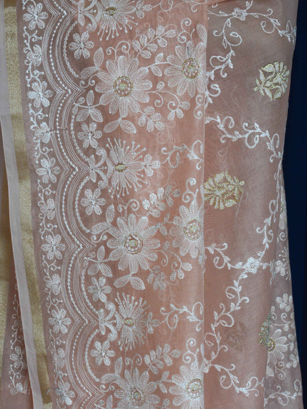 Banarasee Handwoven Chanderi Salwar Kameez Fabric With Embroidered Organza Dupatta-Peach