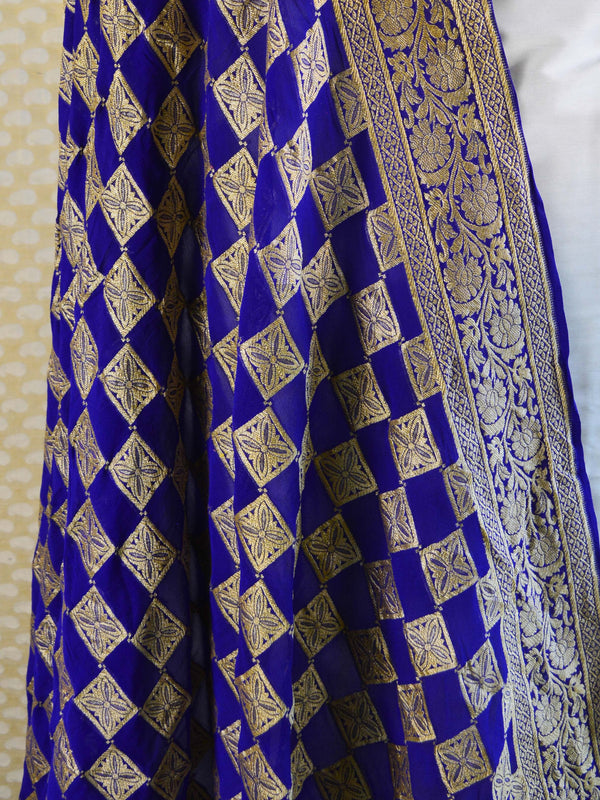 Banarasee Handwoven Khaddi Chiffon Silk Dupatta-Blue