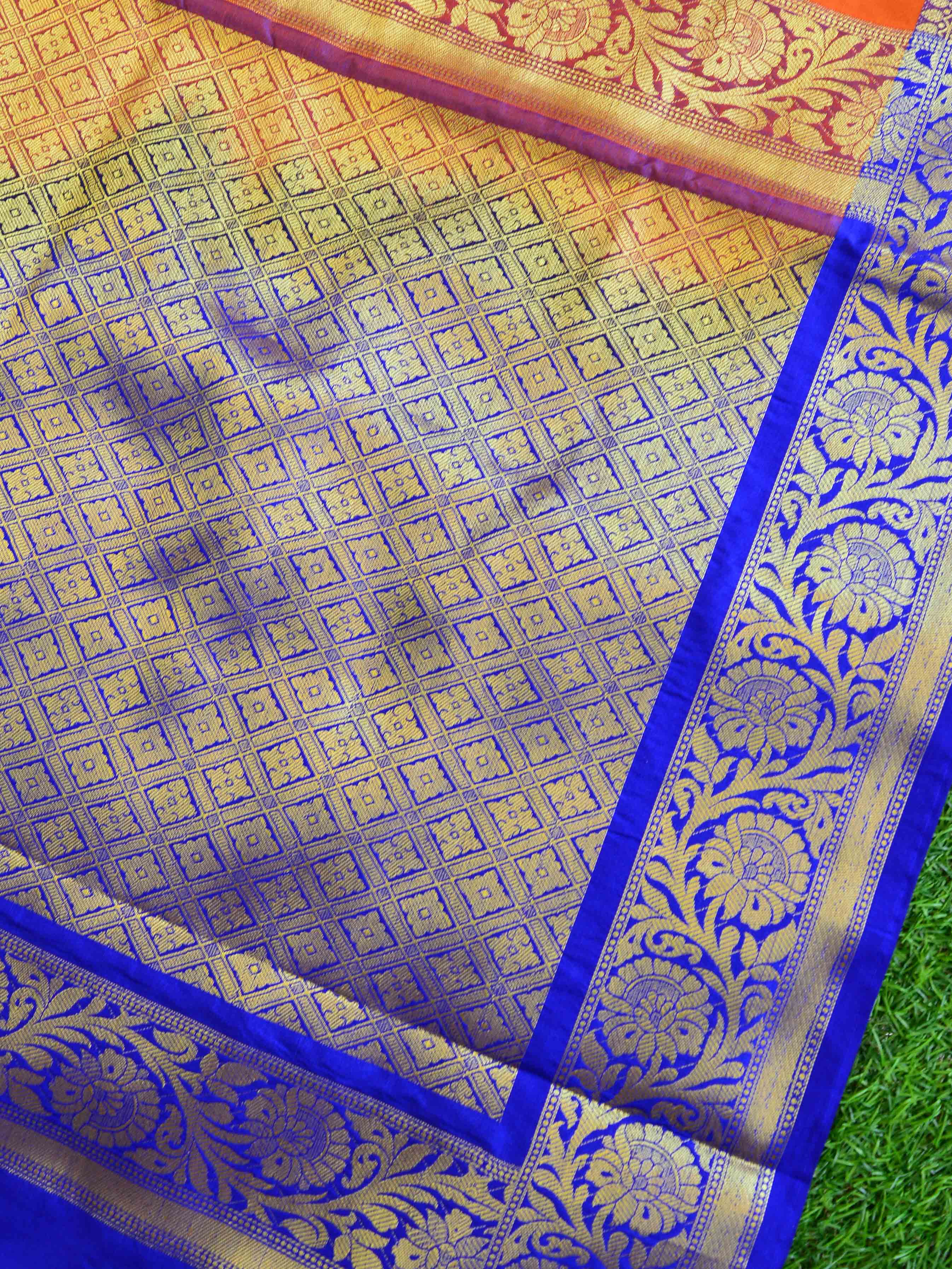Banarasee Handwoven Semi Silk Saree With Zari Buta Design & Floral Border-Orange