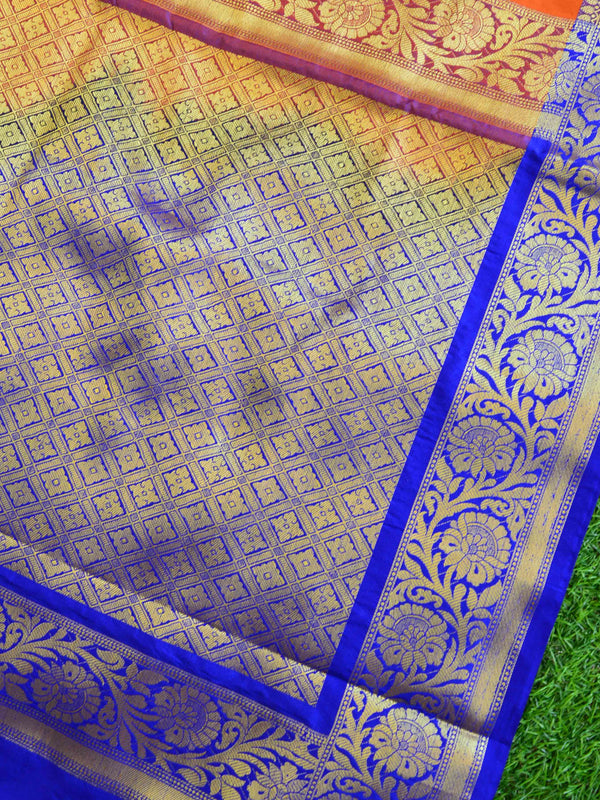 Banarasee Handwoven Semi Silk Saree With Zari Buta Design & Floral Border-Orange