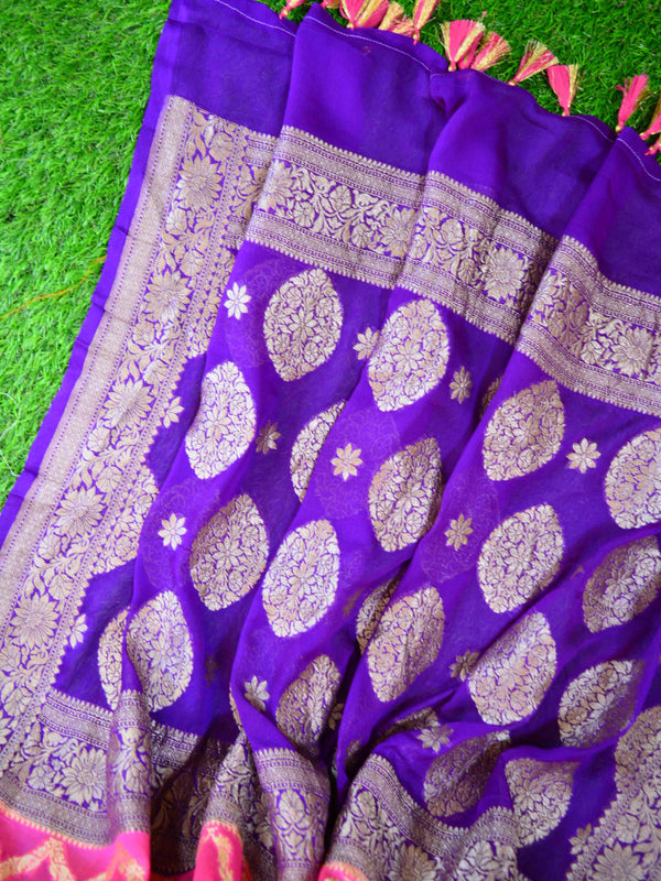 Banarasee Khaddi Chiffon Zari Jaal Saree-Pink & Violet