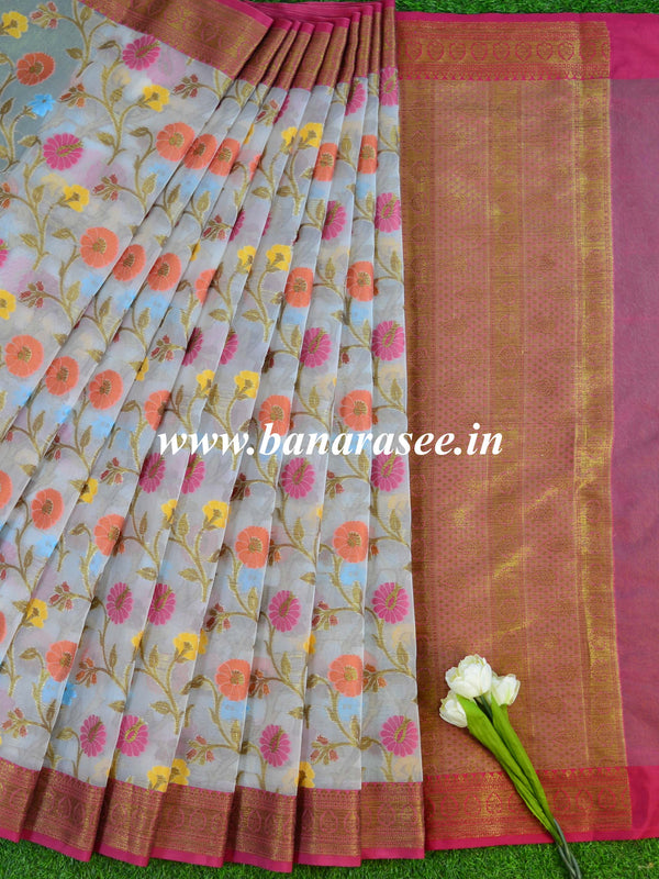 Banarasee Organza Mix Saree With Meena Jaal Design-White