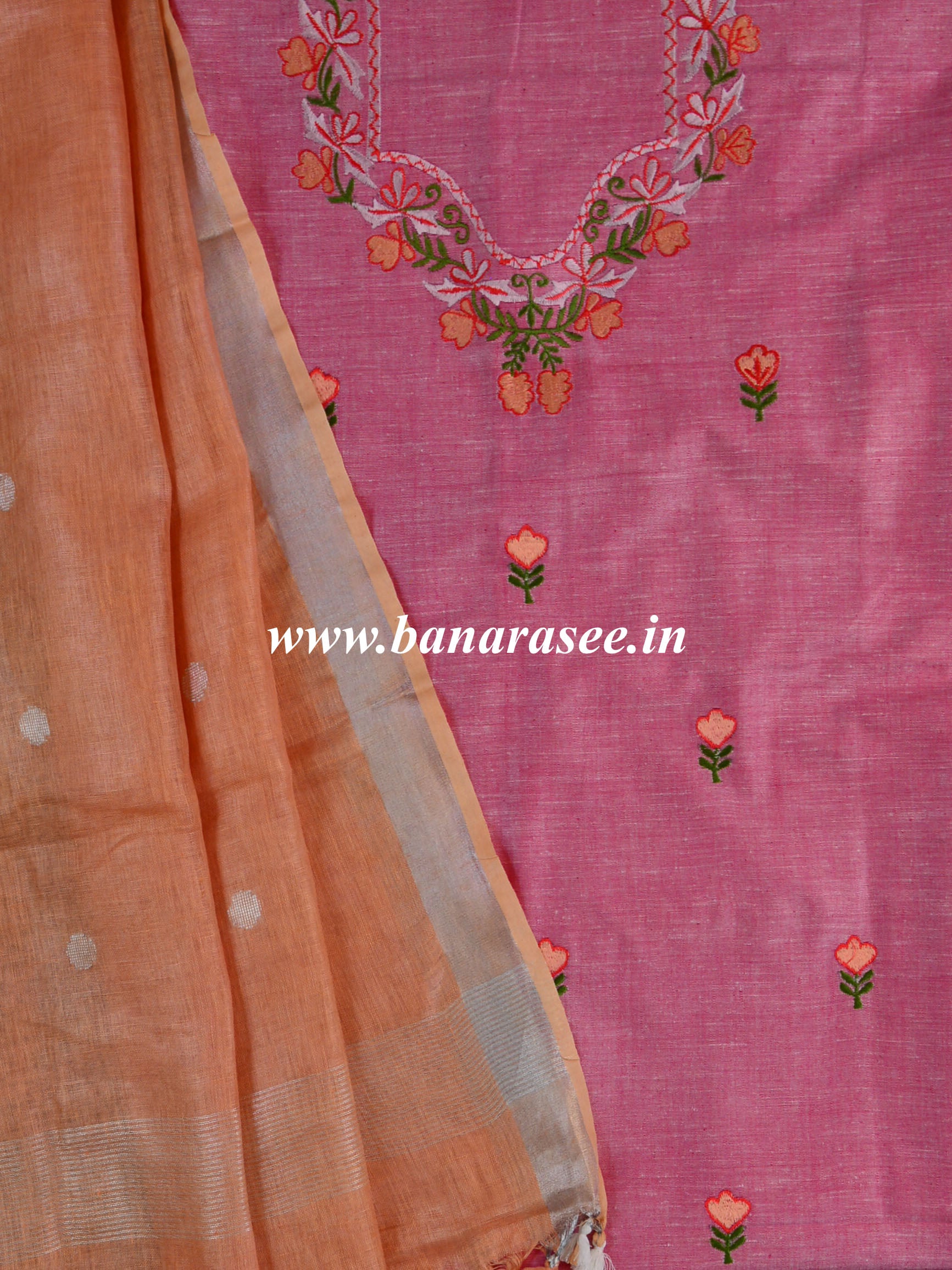 Handwoven Linen Kameez & Dupatta With Hand-Embroidered Work-Pink & Orange