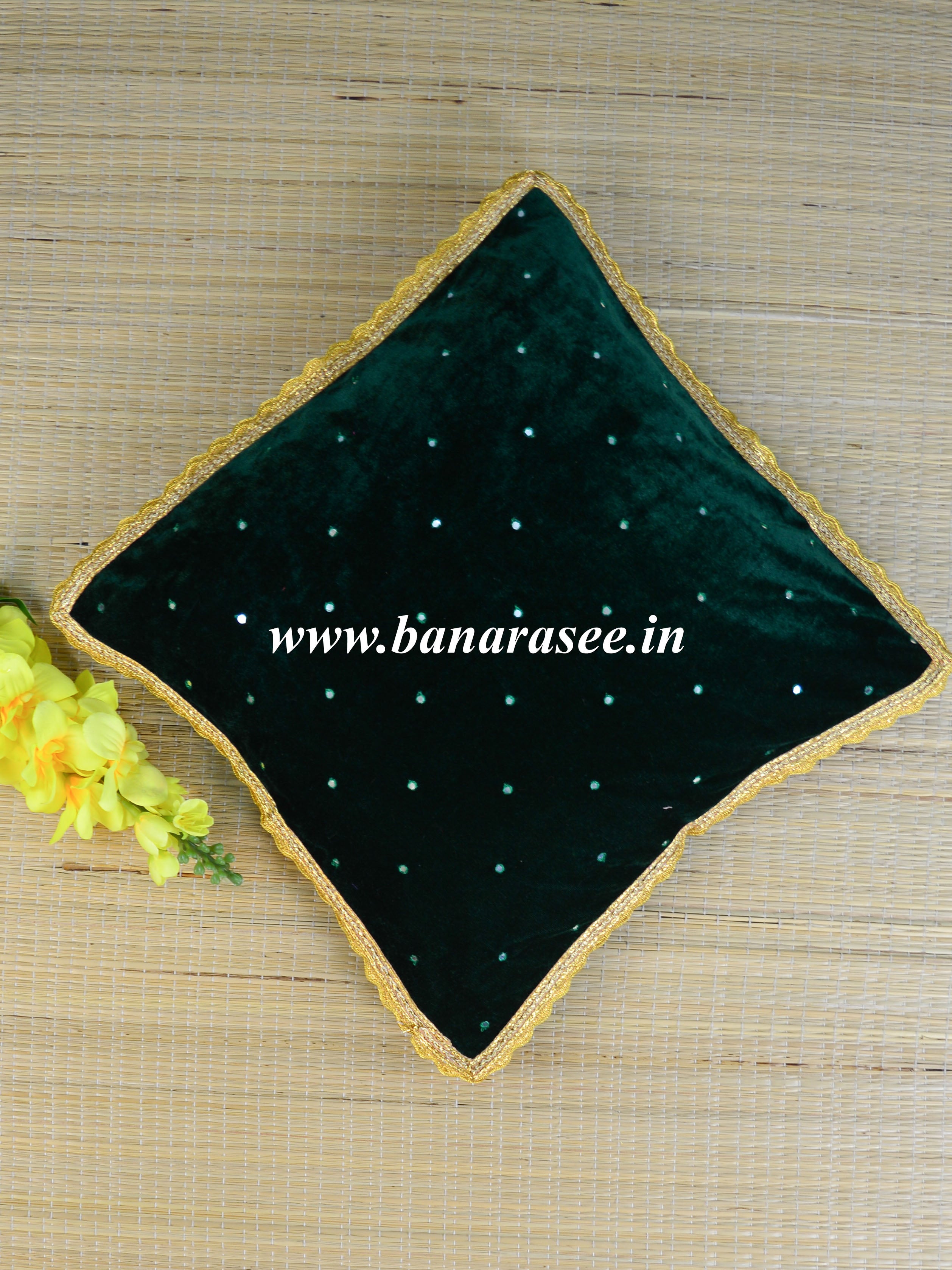 Banarasee Velvet Mirror Work Cushion Cover-Green
