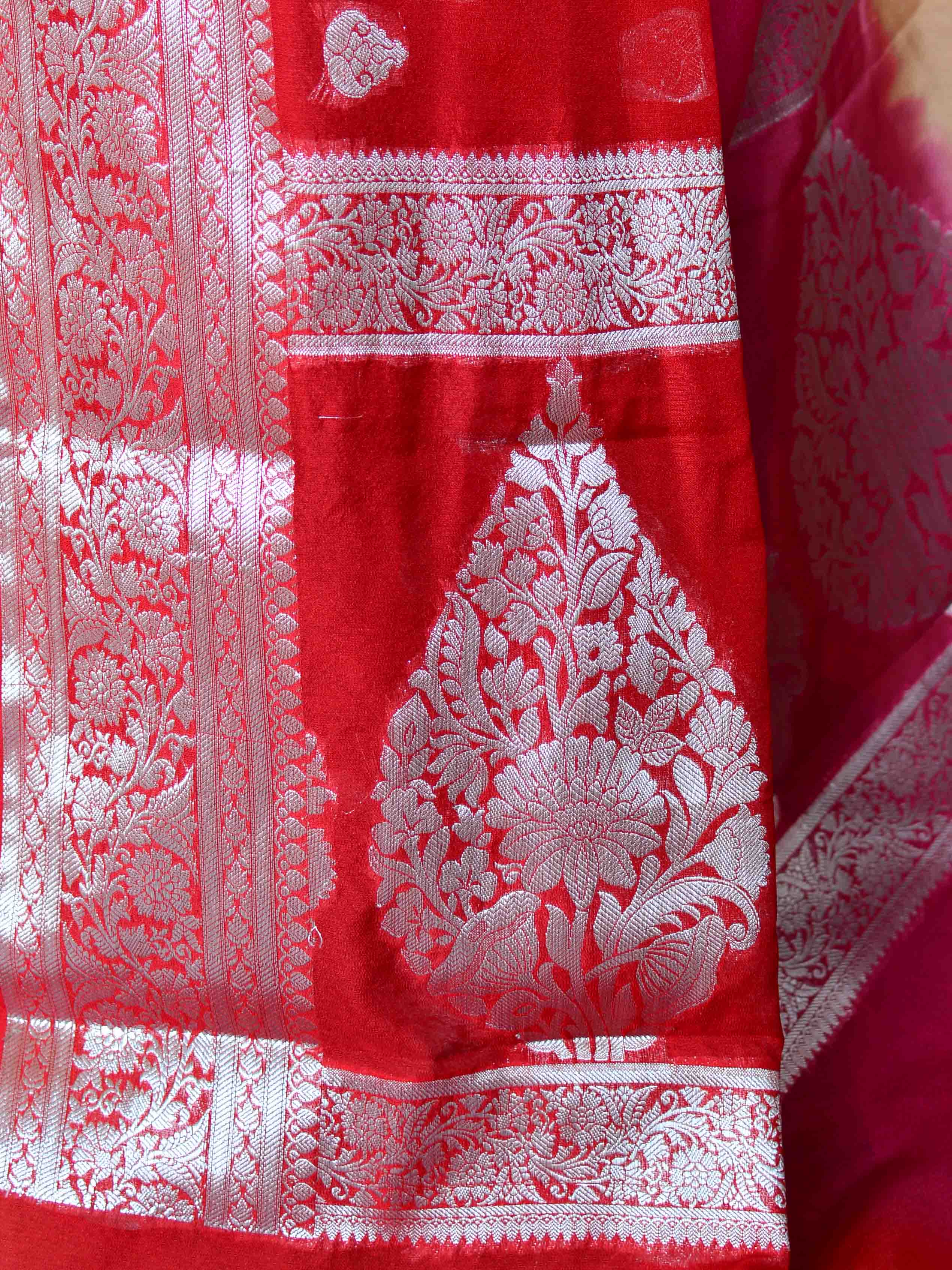 Banarasee Handwoven Semi-Chiffon Saree With Silver Zari & Tri-Color-Red