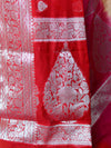 Banarasee Handwoven Semi-Chiffon Saree With Silver Zari & Tri-Color-Red