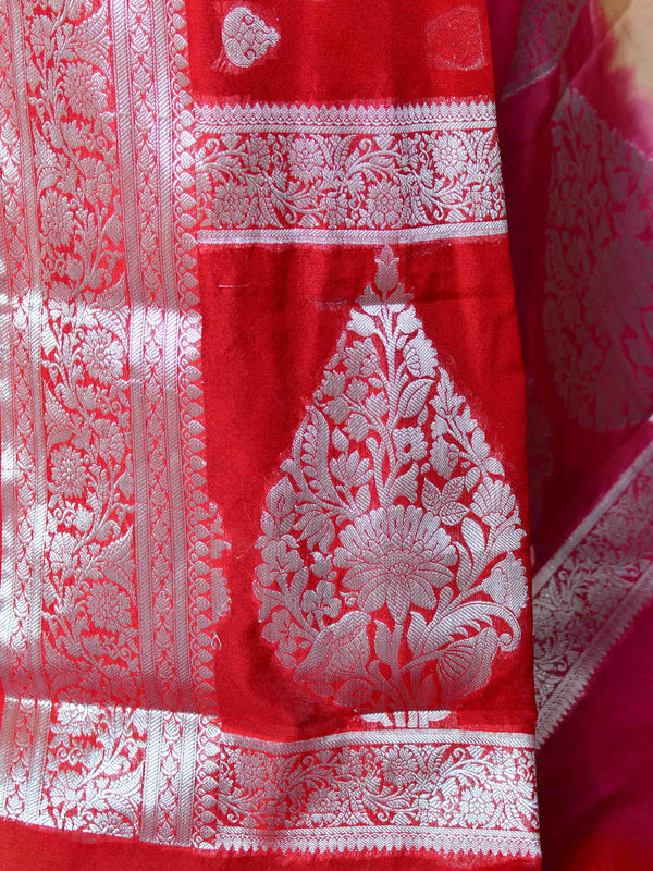 Banarasee Handwoven Semi-Chiffon Saree With Silver Zari & Tri-Color-Red