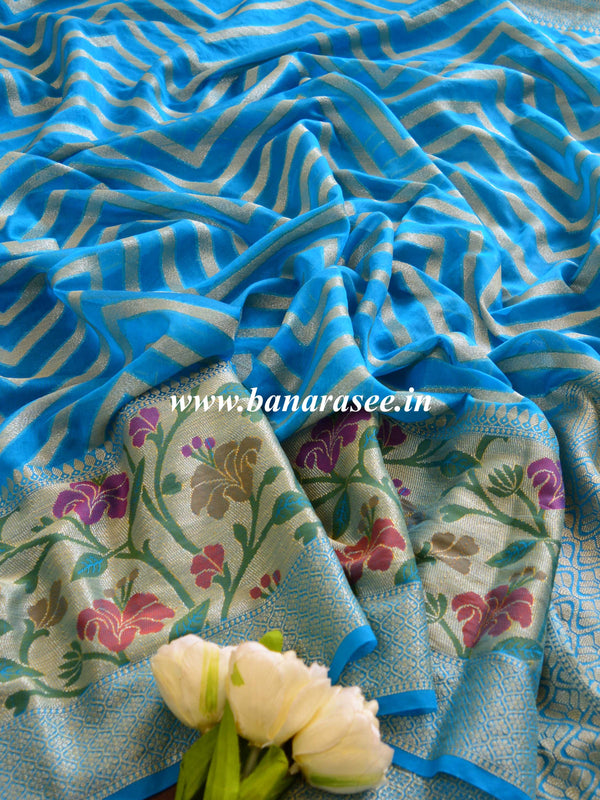 Banarasee Handwoven Semi-Chiffon Saree With Zig-Zag Design-Turquoise Blue