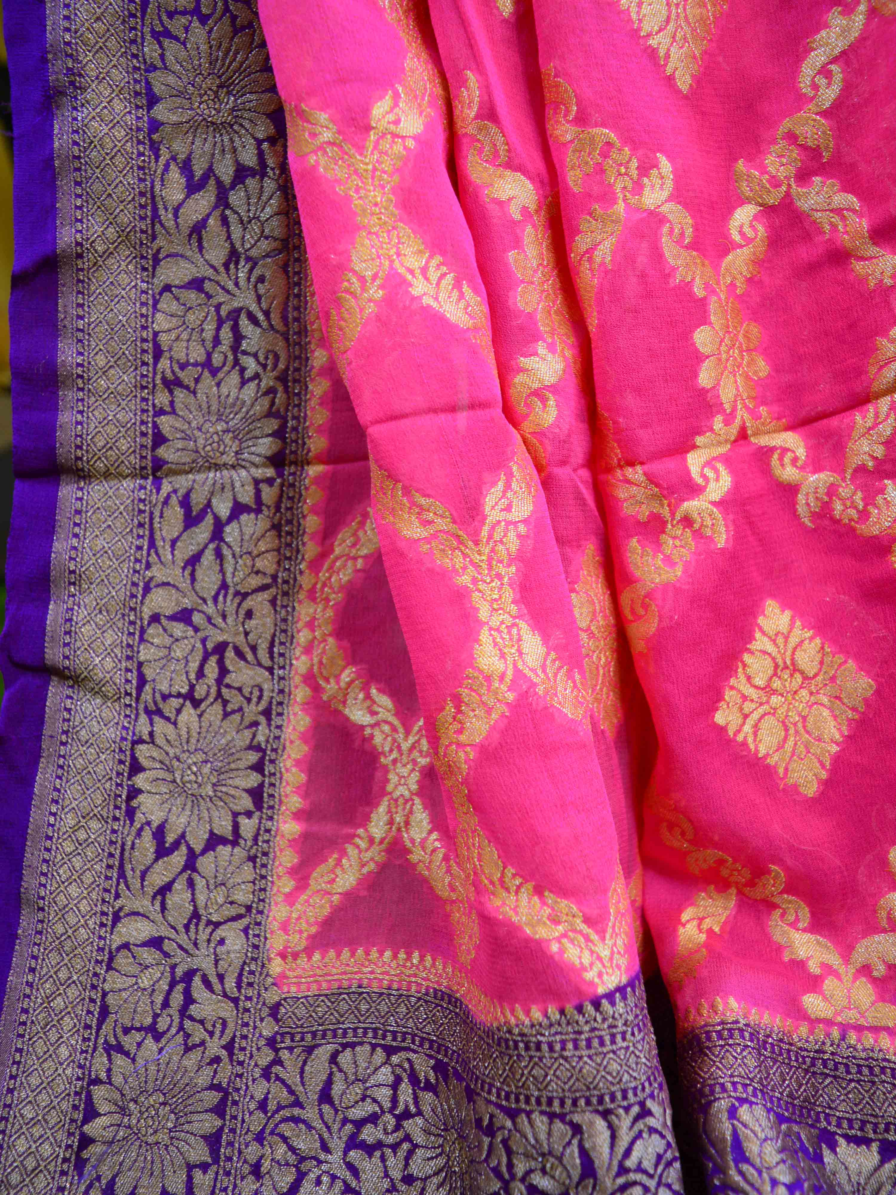 Banarasee Khaddi Chiffon Zari Jaal Saree-Pink & Violet