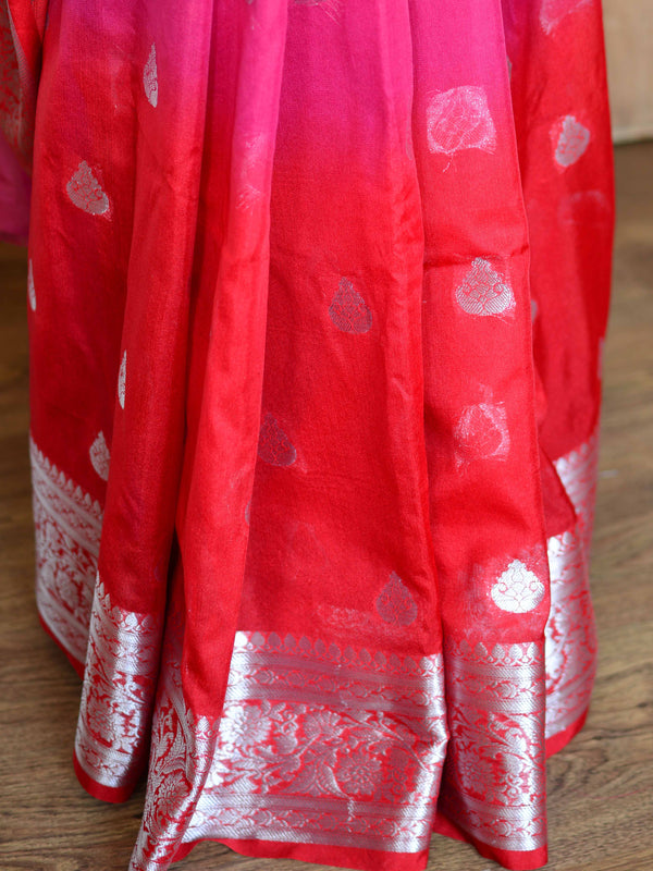 Banarasee Handwoven Semi-Chiffon Saree With Silver Zari & Tri-Color-Red