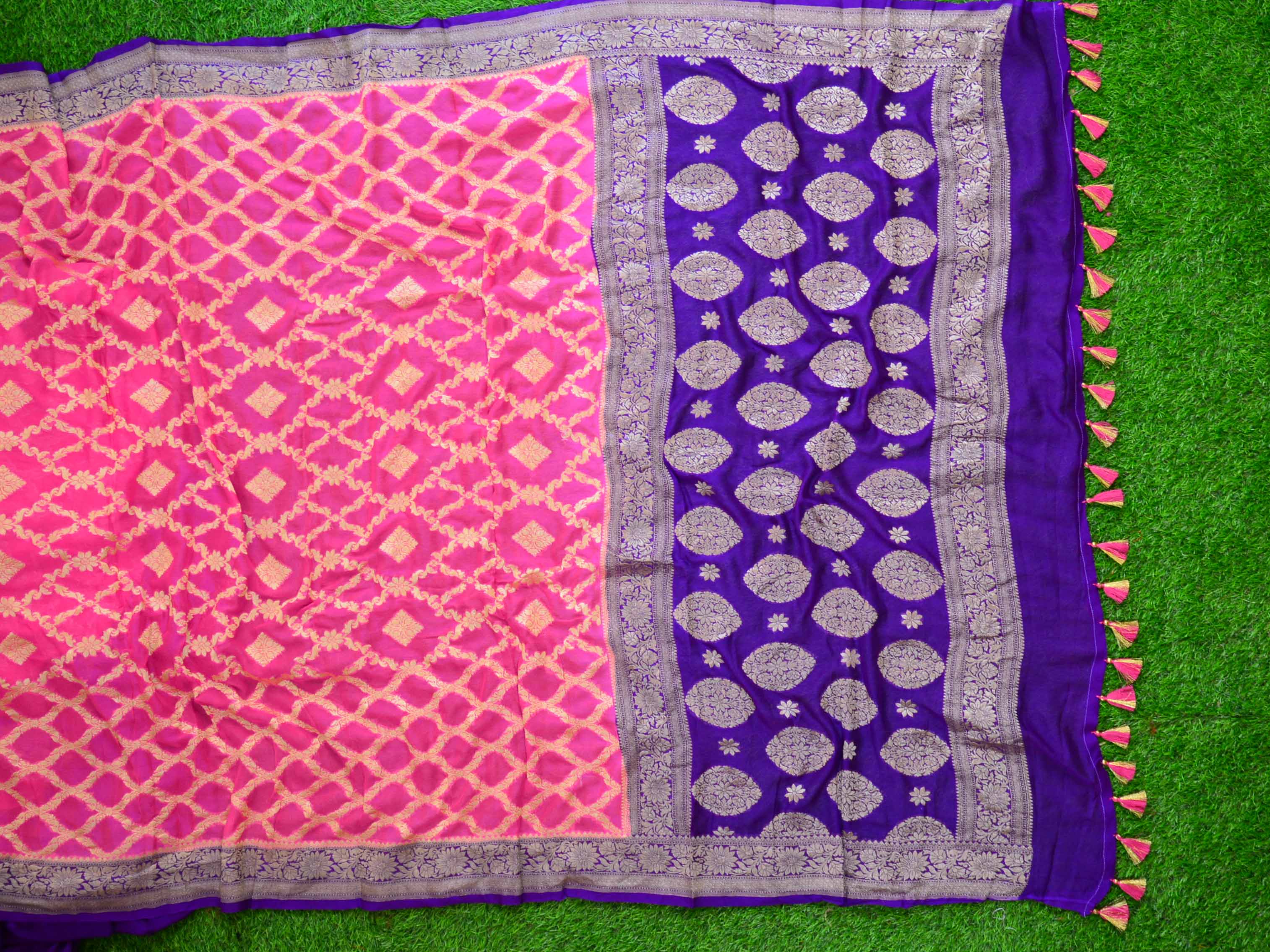 Banarasee Khaddi Chiffon Zari Jaal Saree-Pink & Violet