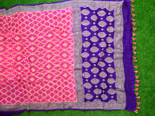 Banarasee Khaddi Chiffon Zari Jaal Saree-Pink & Violet