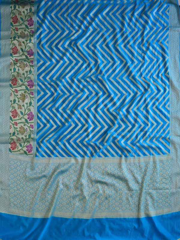 Banarasee Handwoven Semi-Chiffon Saree With Zig-Zag Design-Turquoise Blue