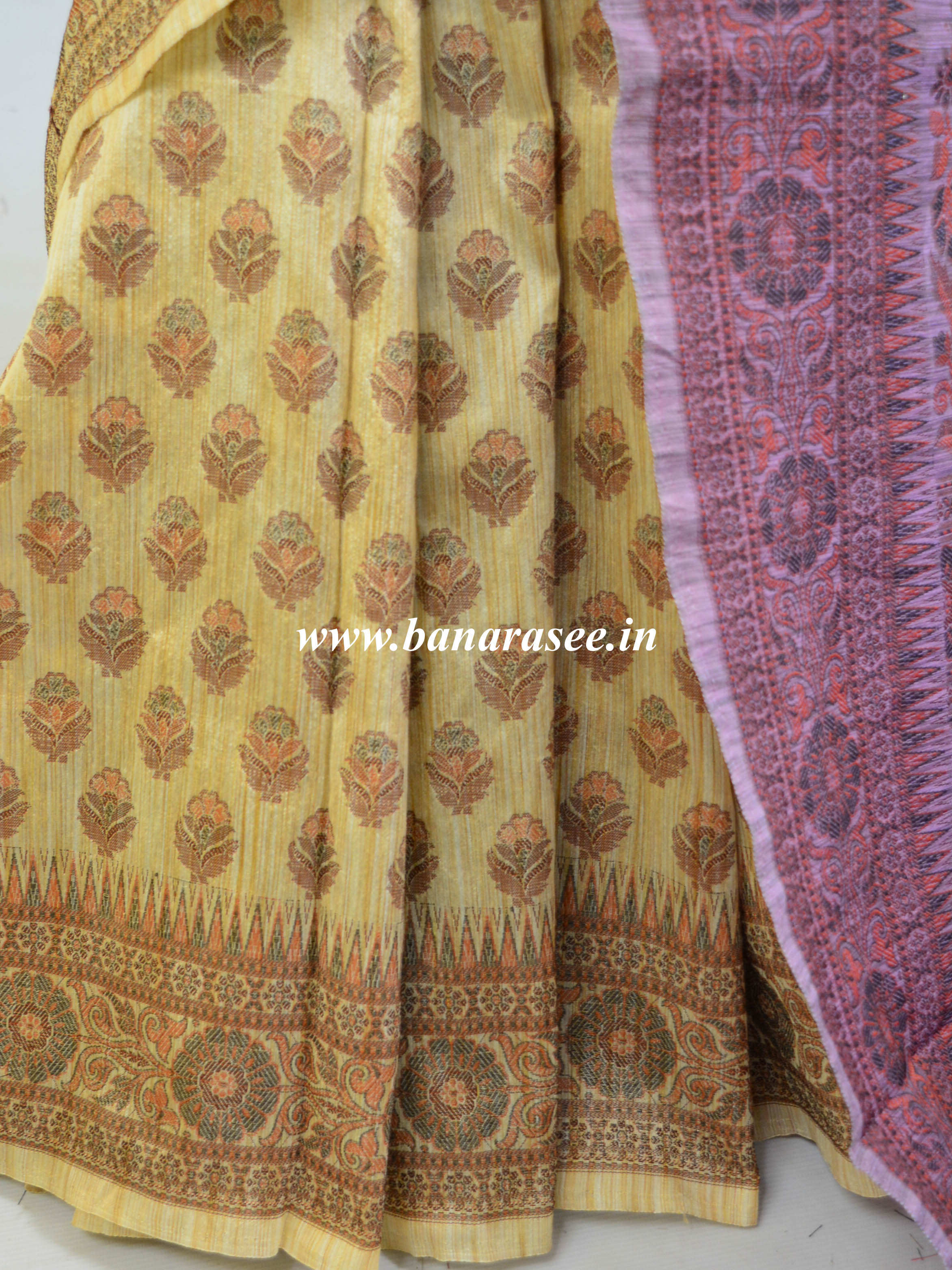 Banarasee Art Silk Saree With Floral Woven Design & Contrast Plum Pallu-Beige