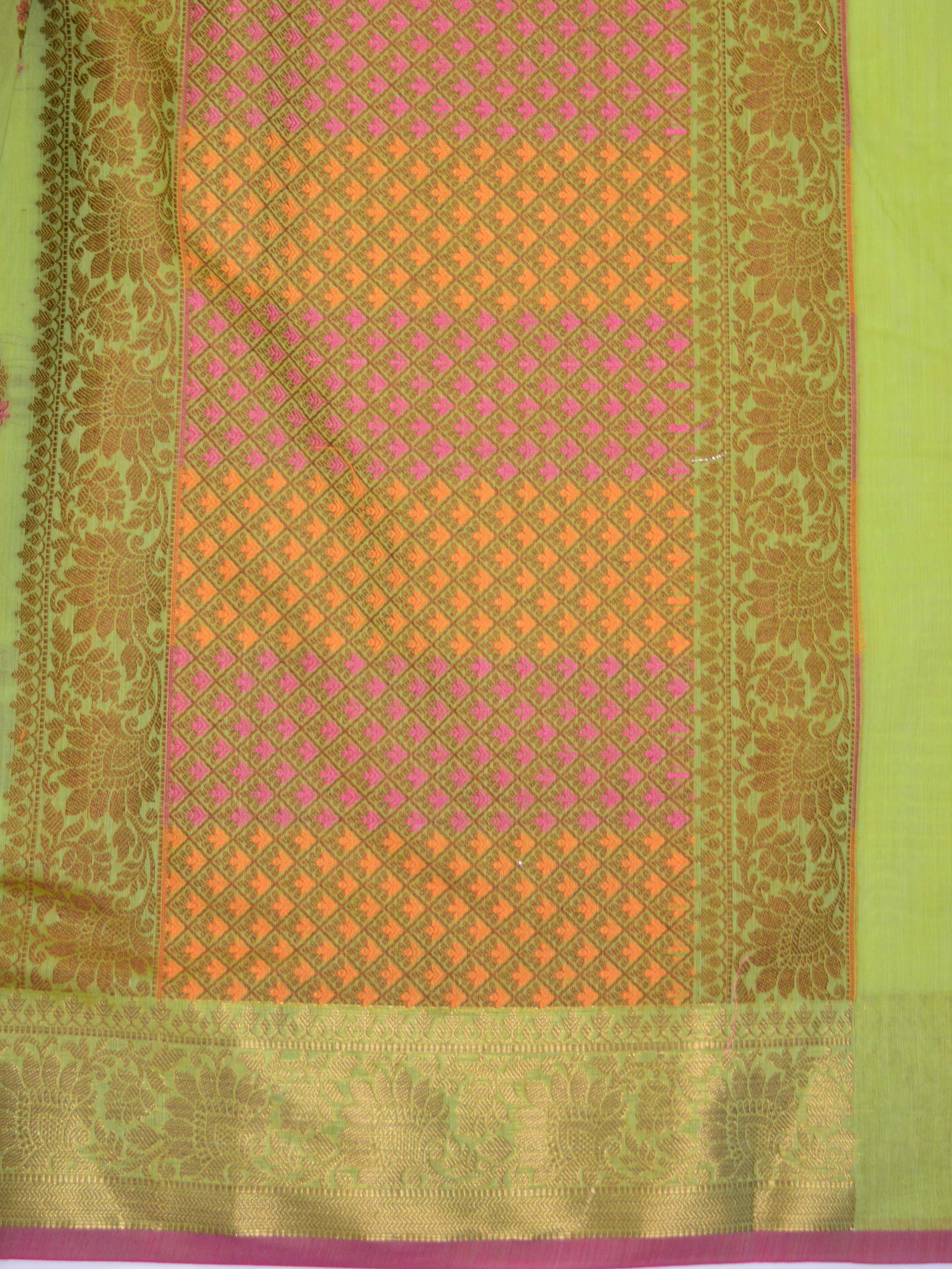 Banarasee Cotton Silk Mix Saree With Multicolor Resham Buta & Zari Border-Henna Green