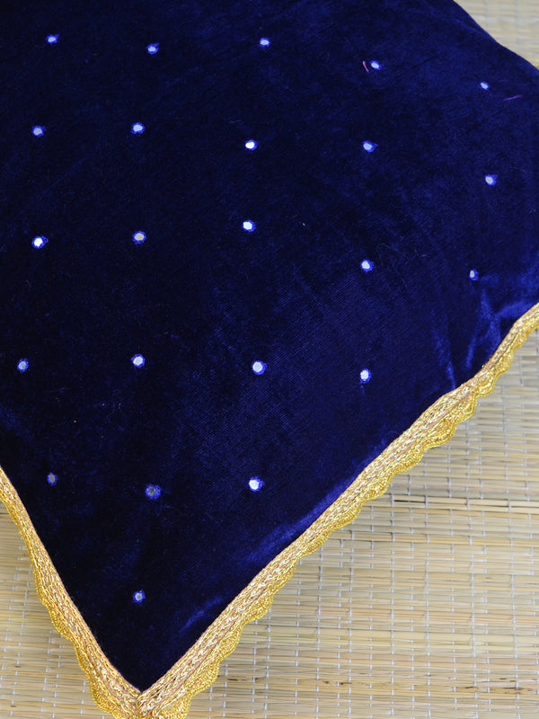 Banarasee Velvet Mirror Work Cushion Cover-Blue