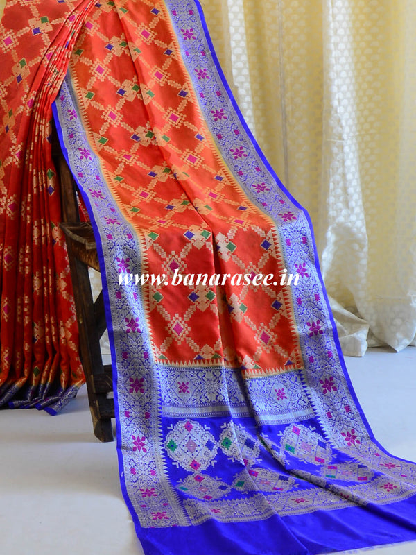 Banarasee Handwoven Semi Silk Saree With Jaal Design-Rust