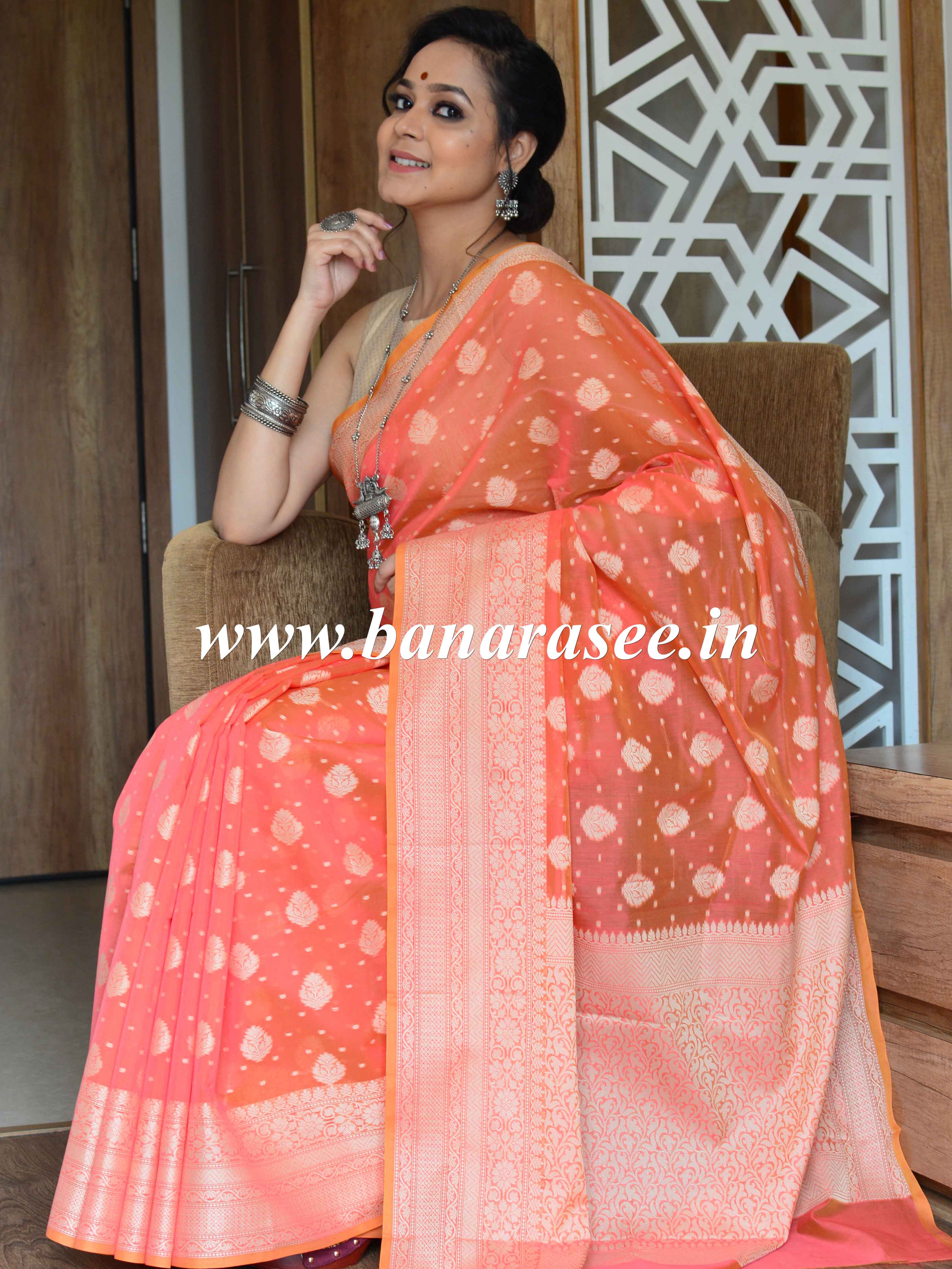 Banarasee Cotton Silk Saree With Resham Buti & Border-Peach