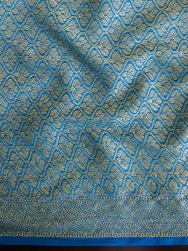 Banarasee Handwoven Semi-Chiffon Saree With Zig-Zag Design-Turquoise Blue